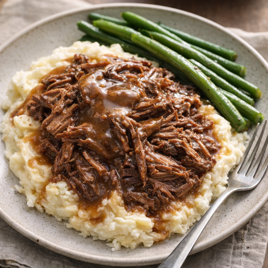 Slow cooker beef served over mashed potatoes on a dinner plate