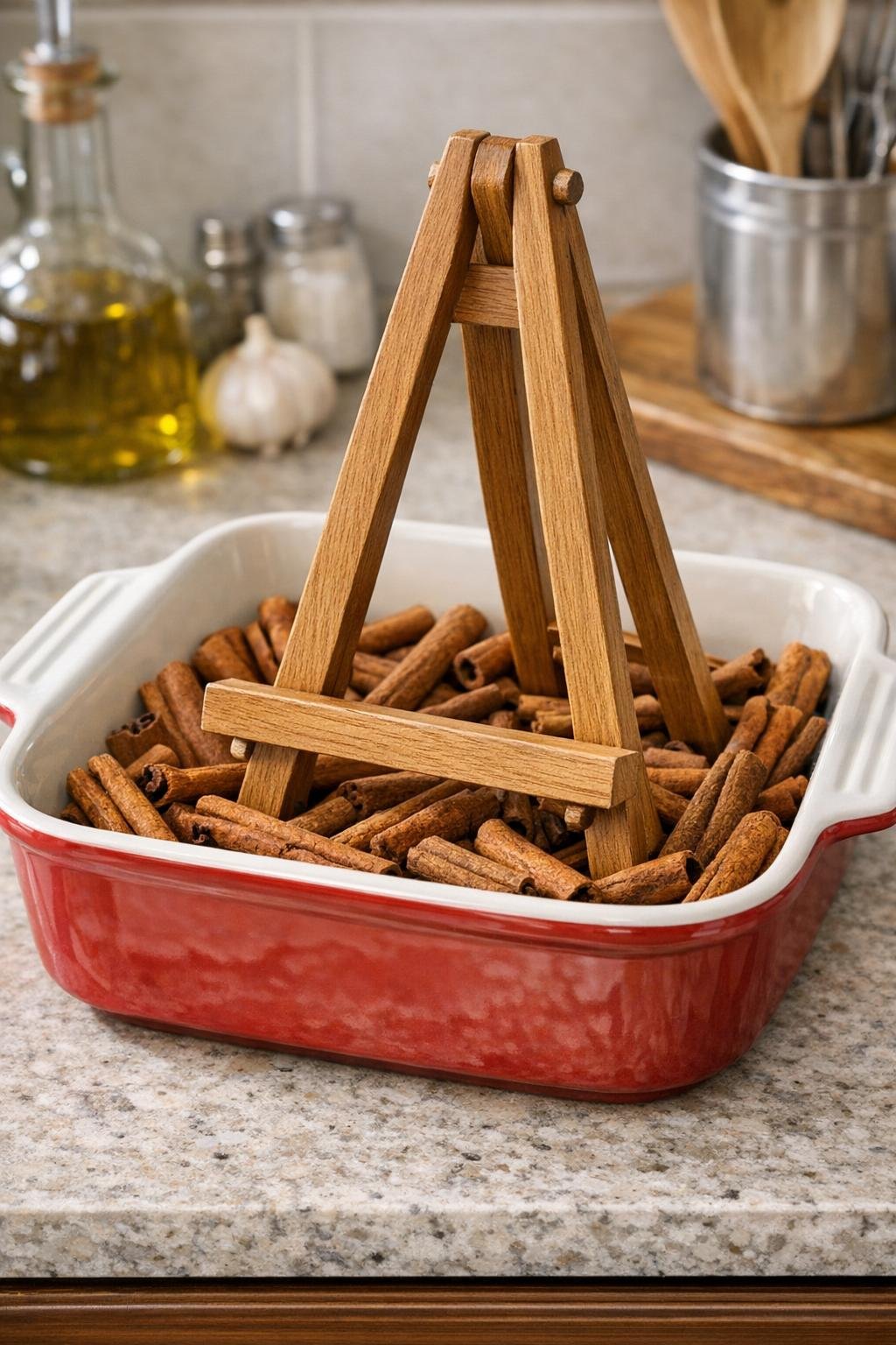 Finished cookbook stand in ceramic baking dish with cinnamon sticks