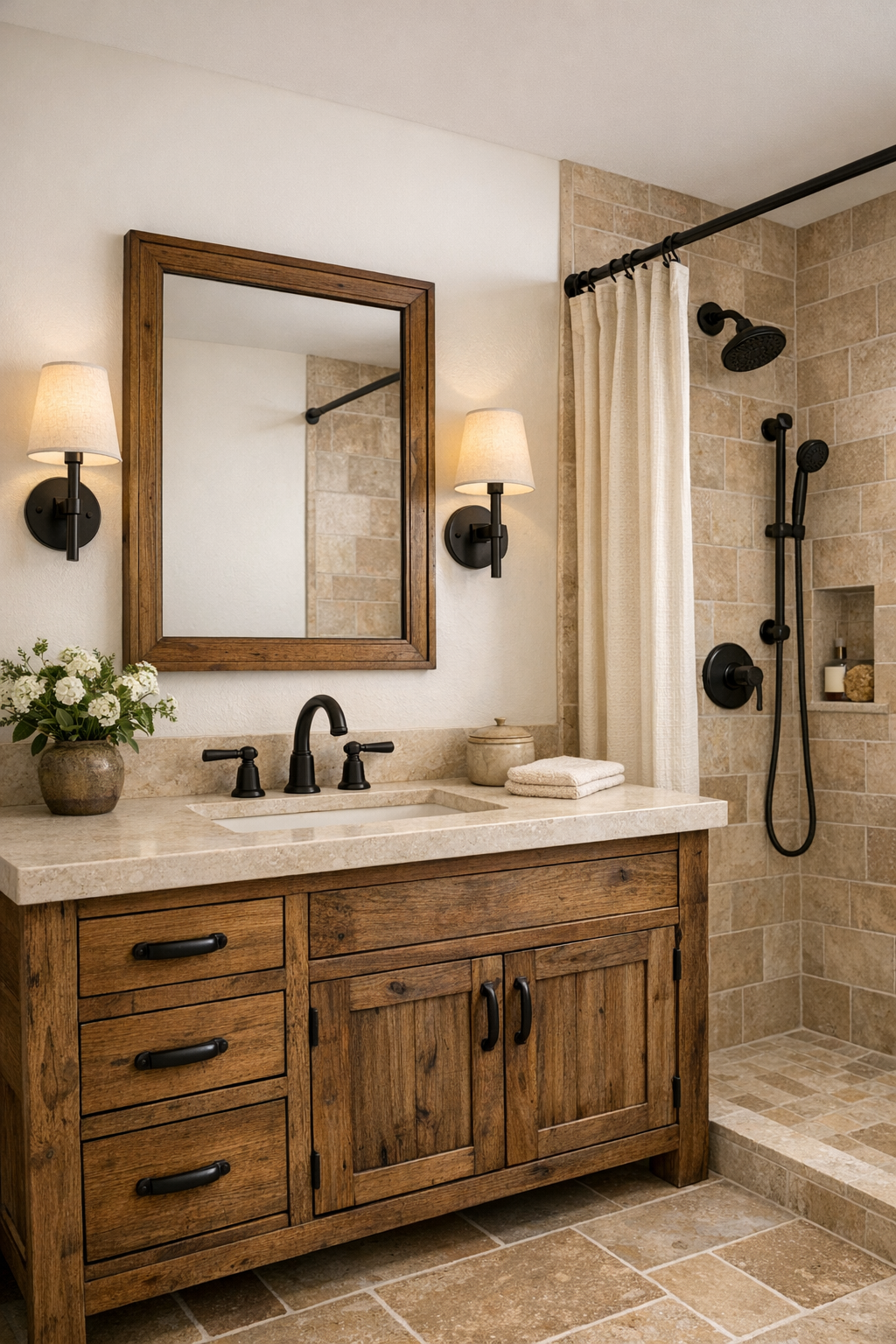 Rustic bathroom with wood vanity, pale stone countertop, black fixtures, and warm neutral tile
