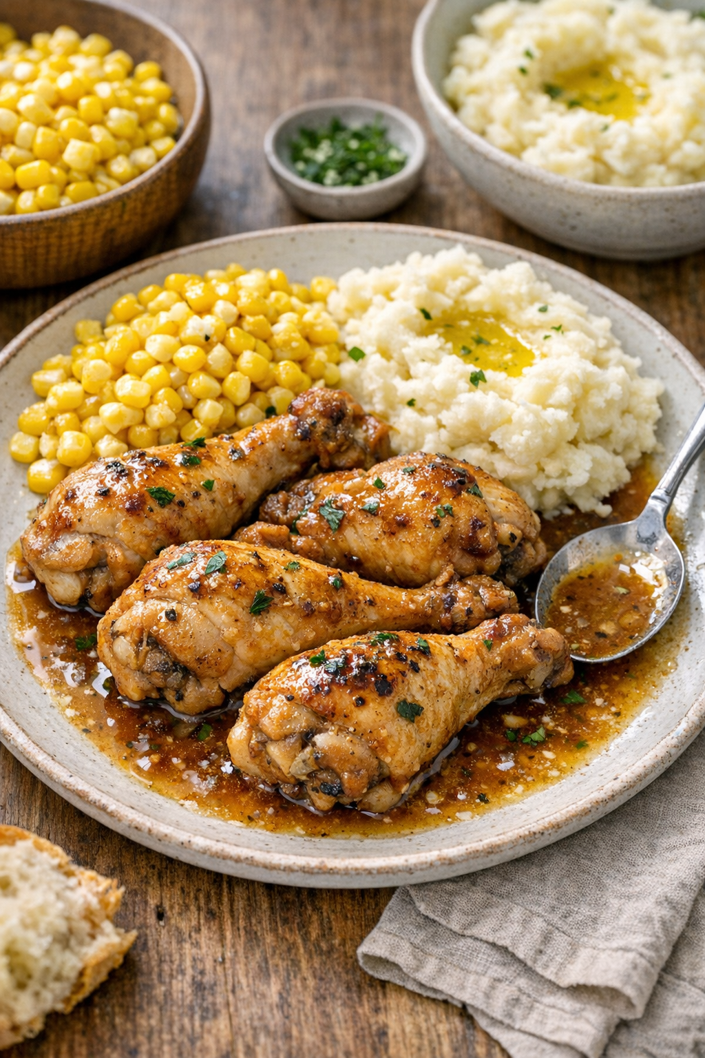 Finished slow cooker chicken drumsticks plated with sauce