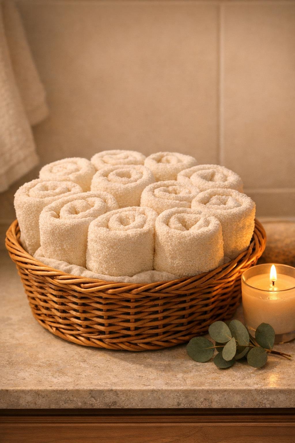 Finished DIY towel warmer basket in a bathroom