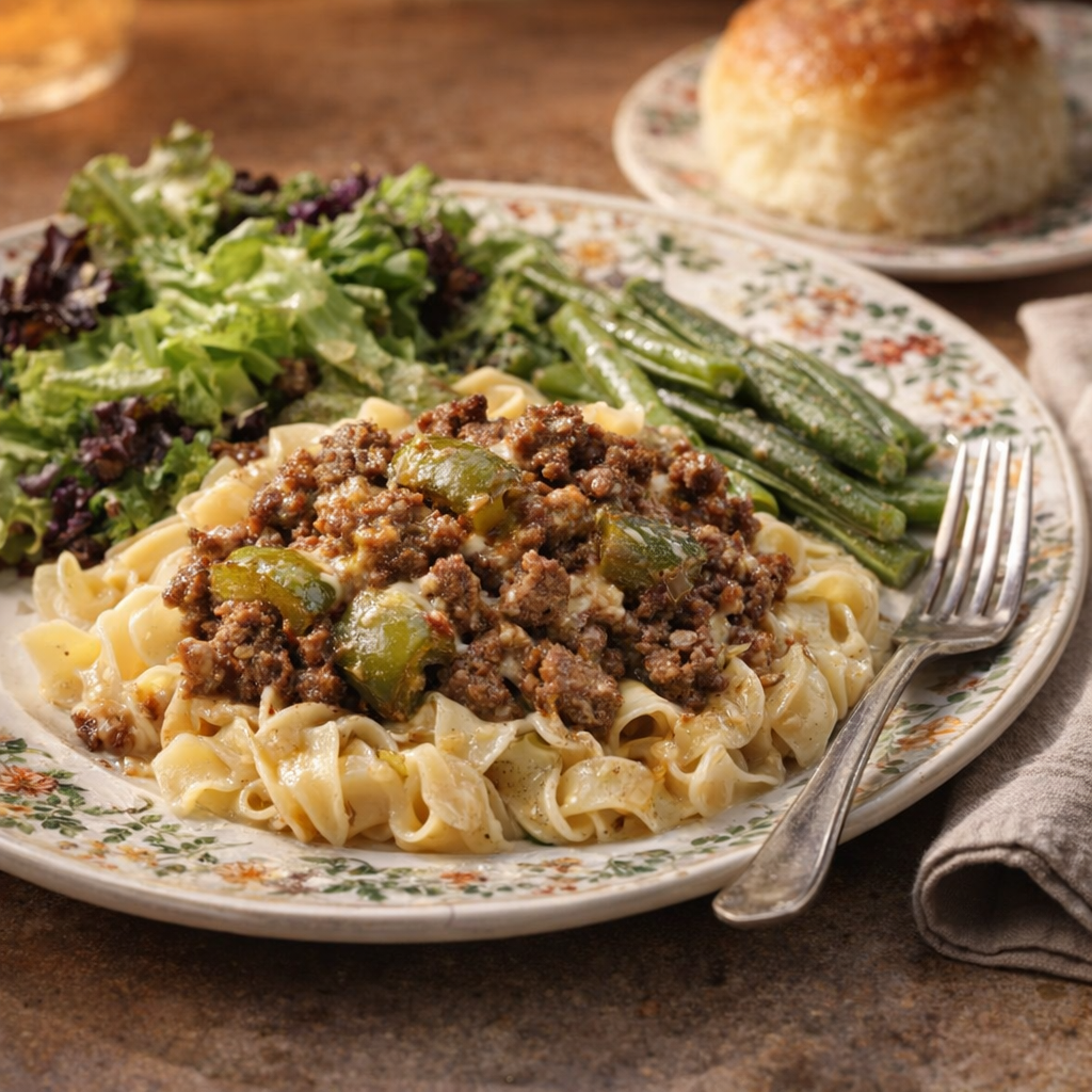 Served casserole plate with noodles and simple supper sides