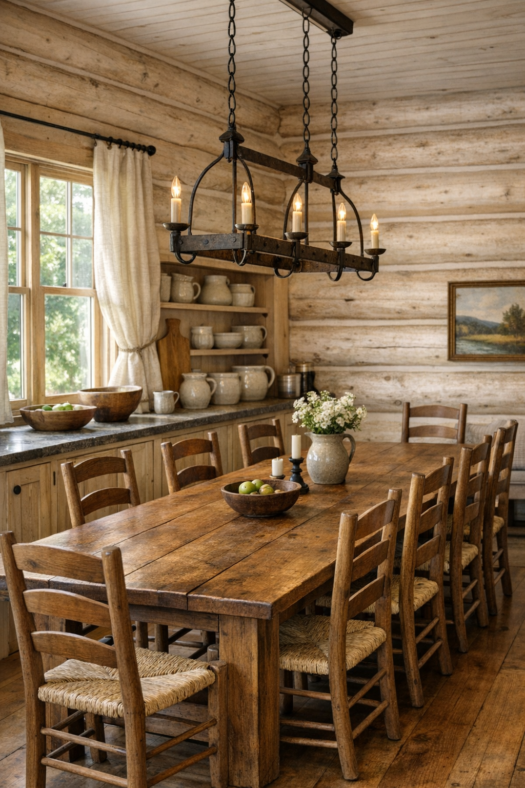 Warm dining room with solid wood table, ladder-back chairs, and soft rustic lighting