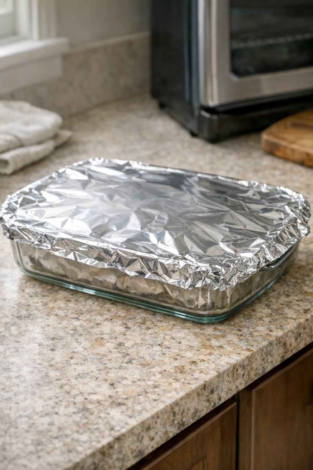 Foil-covered baking dish ready for the oven
