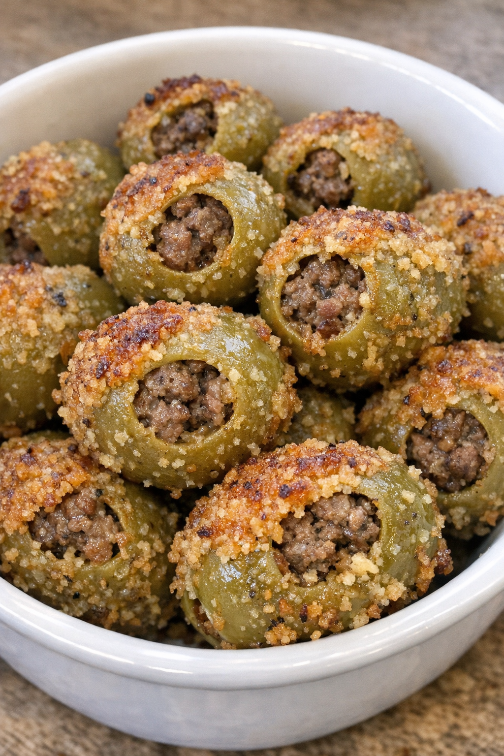Oven baked beef stuffed olives in a white bowl