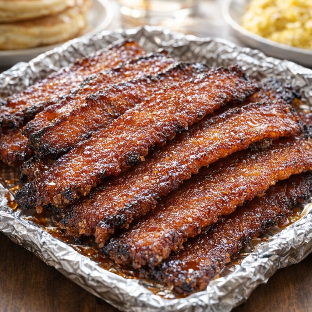 Finished candied bacon arranged on a serving platter