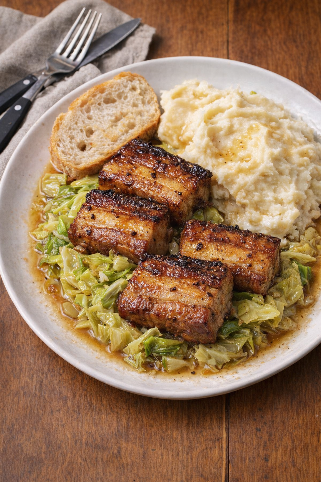 Pork belly dinner served with potatoes and bread