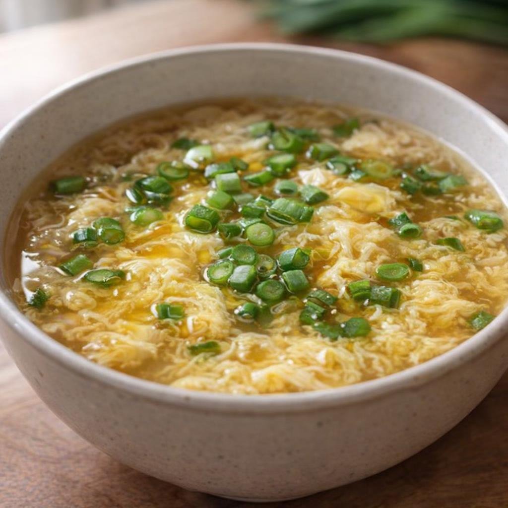 Finished egg drop soup with green onion garnish