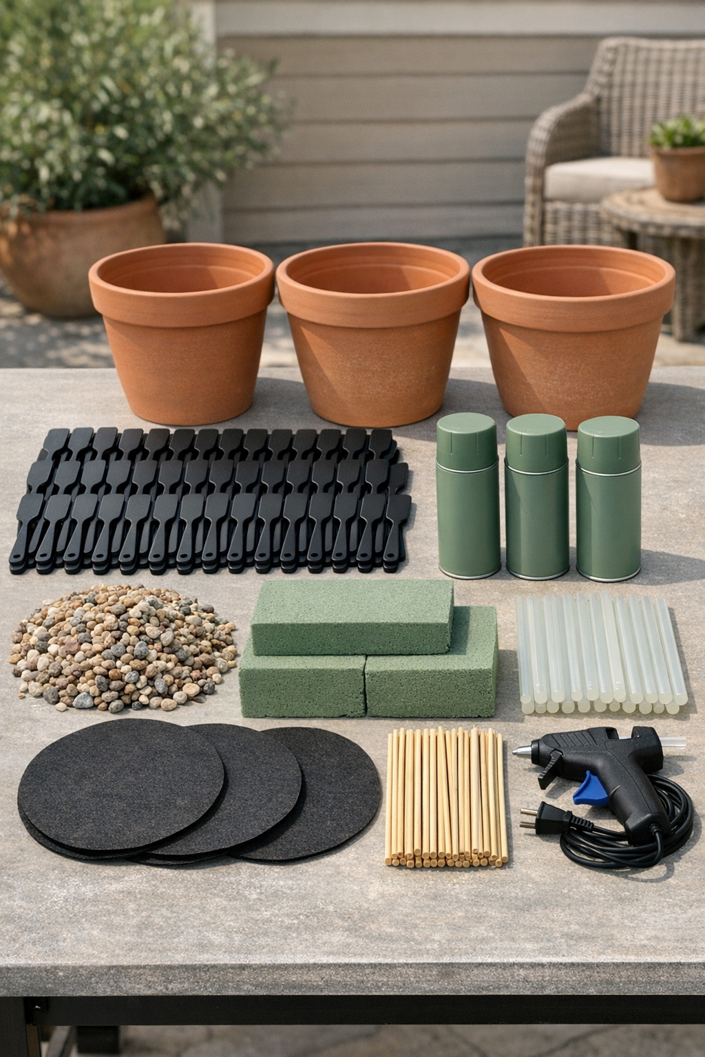 All materials laid out for faux agave patio planters