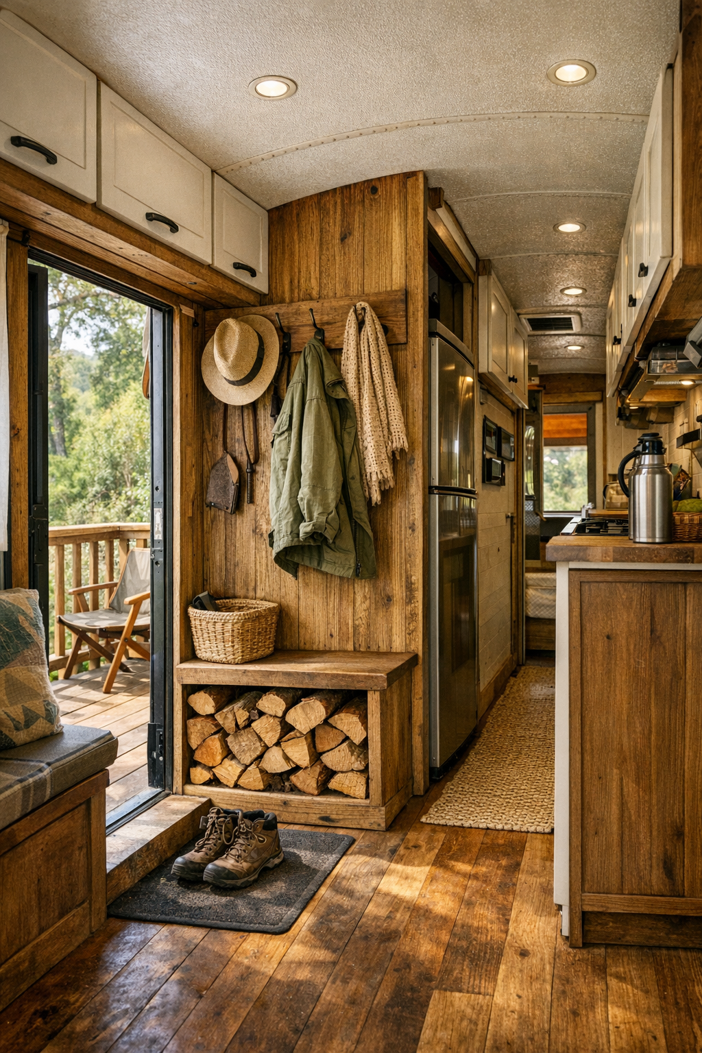 Functional entry and hallway area inside the bus with built-in storage and wood detailing