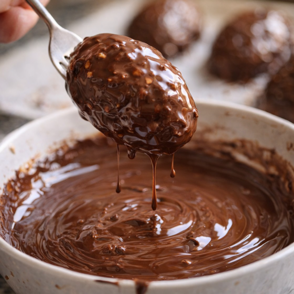 Peanut butter egg being dipped into melted chocolate