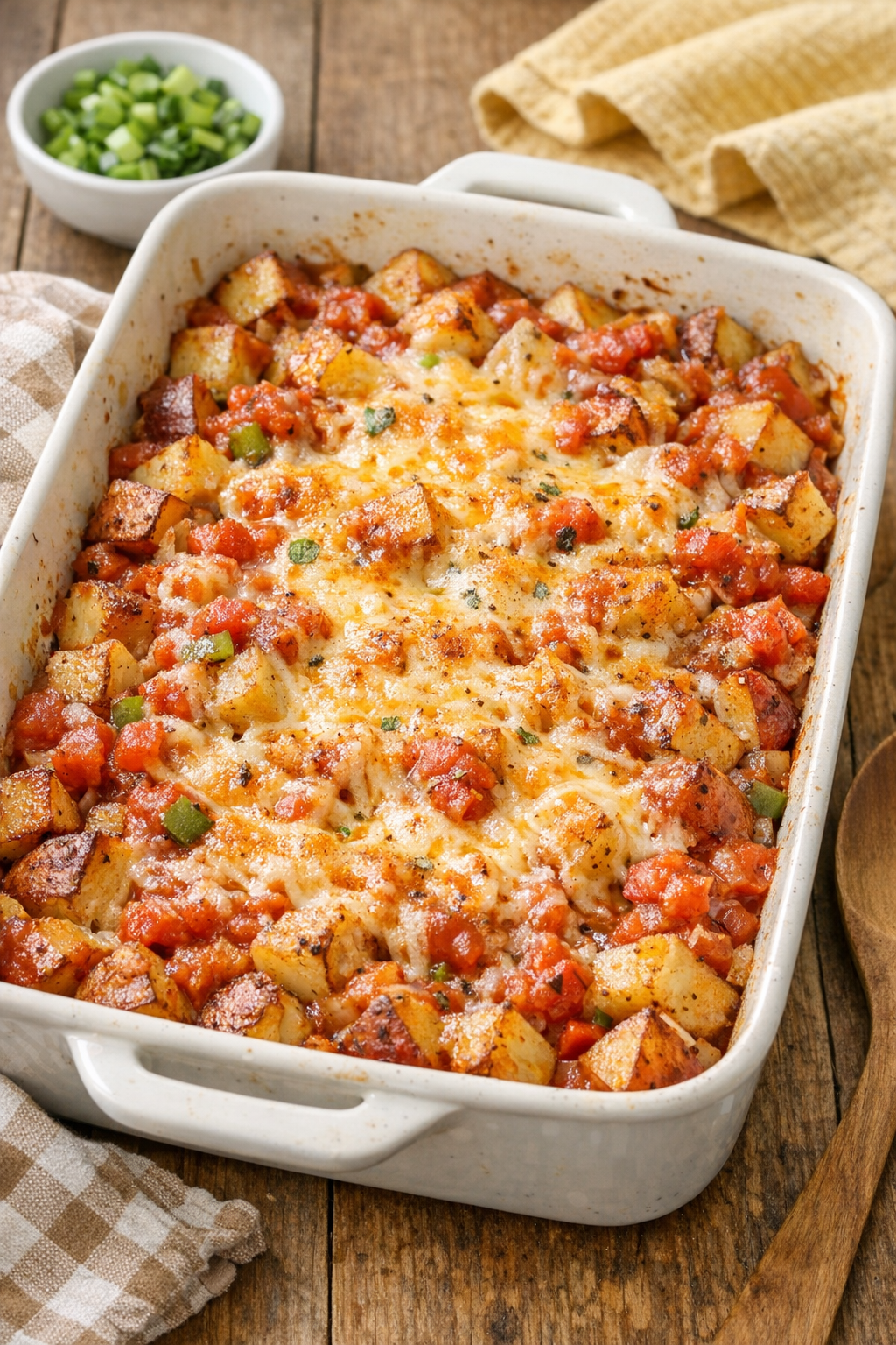 Finished baked fiesta potatoes in a casserole dish