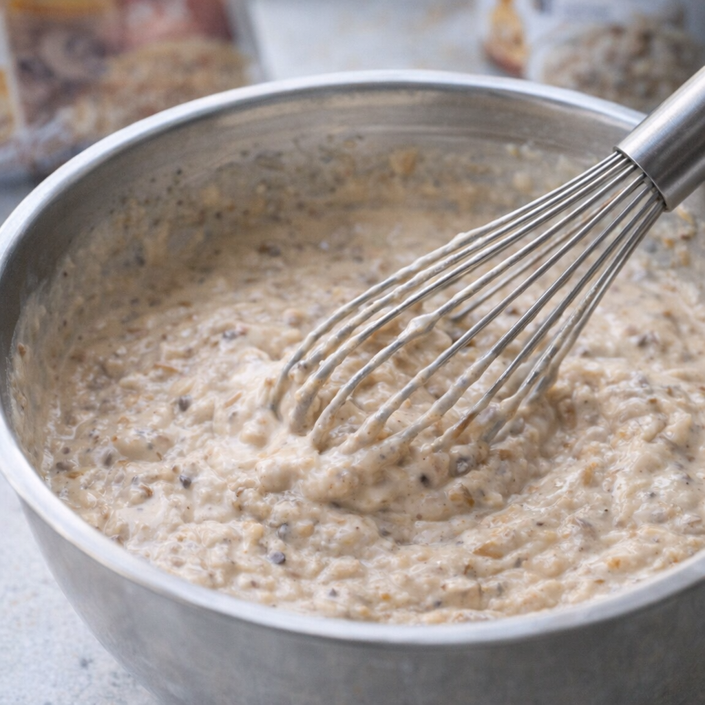 Creamy mushroom soup mixture being whisked in a mixing bowl