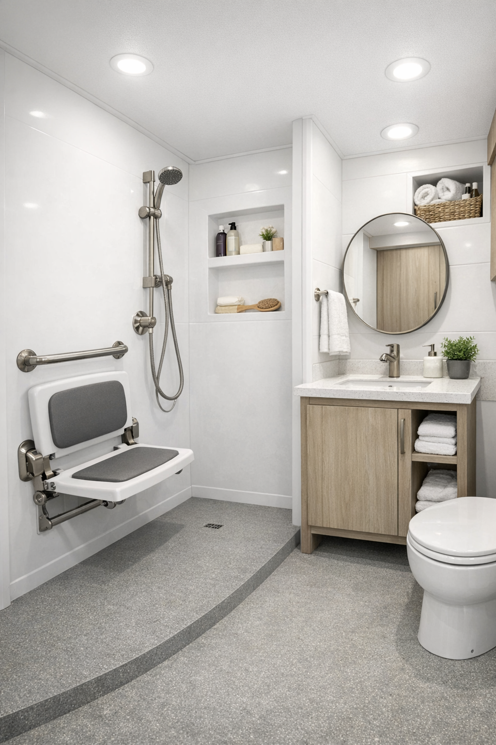 Accessible RV bathroom with curbless shower and light gray flooring