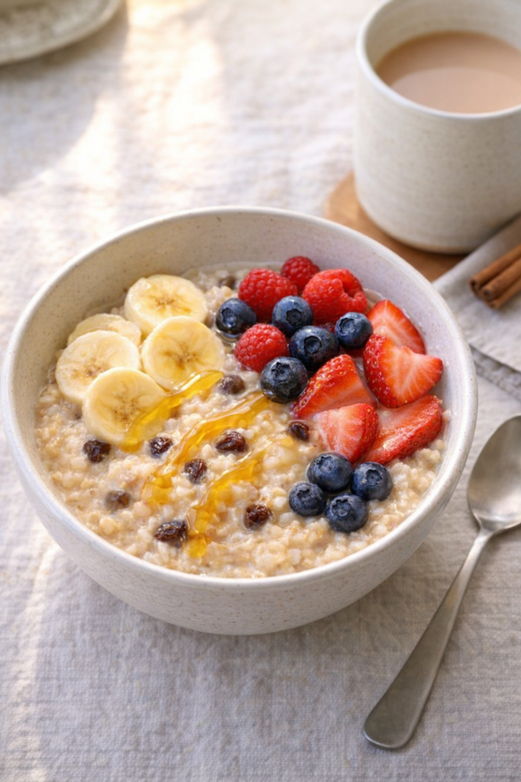 Breakfast-style rice pudding with fruit and honey