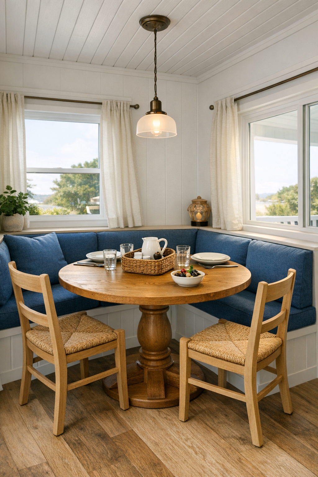 Cozy dining nook with a built-in banquette, oak table, and soft coastal colors