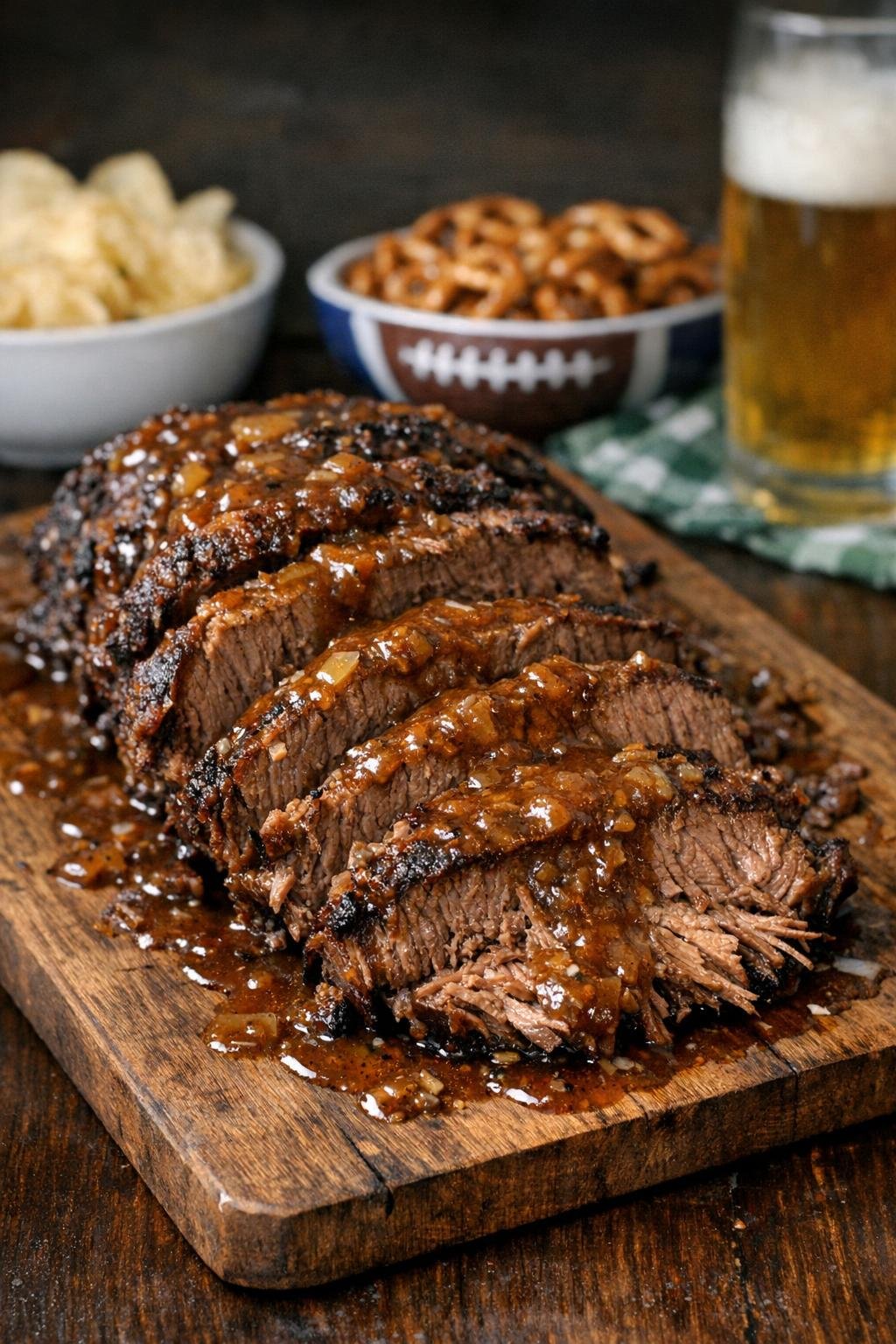 Finished slow cooker bottom round roast plated with savory juices