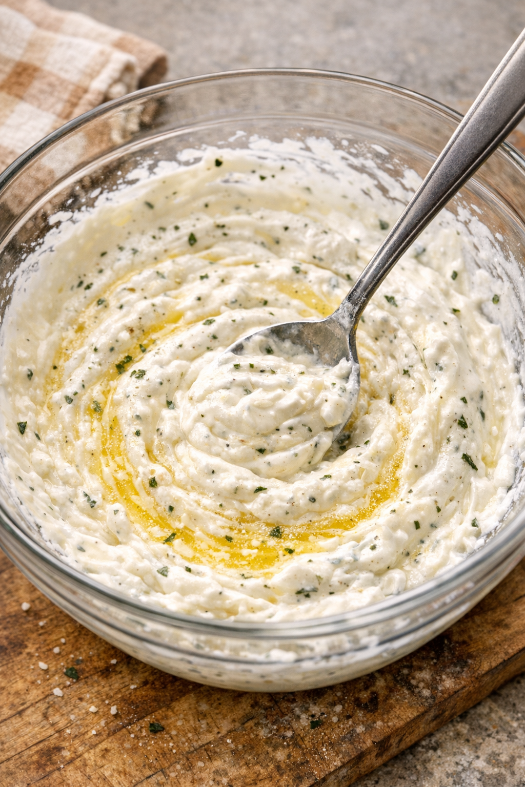 Creamy ranch mixture being stirred in a bowl
