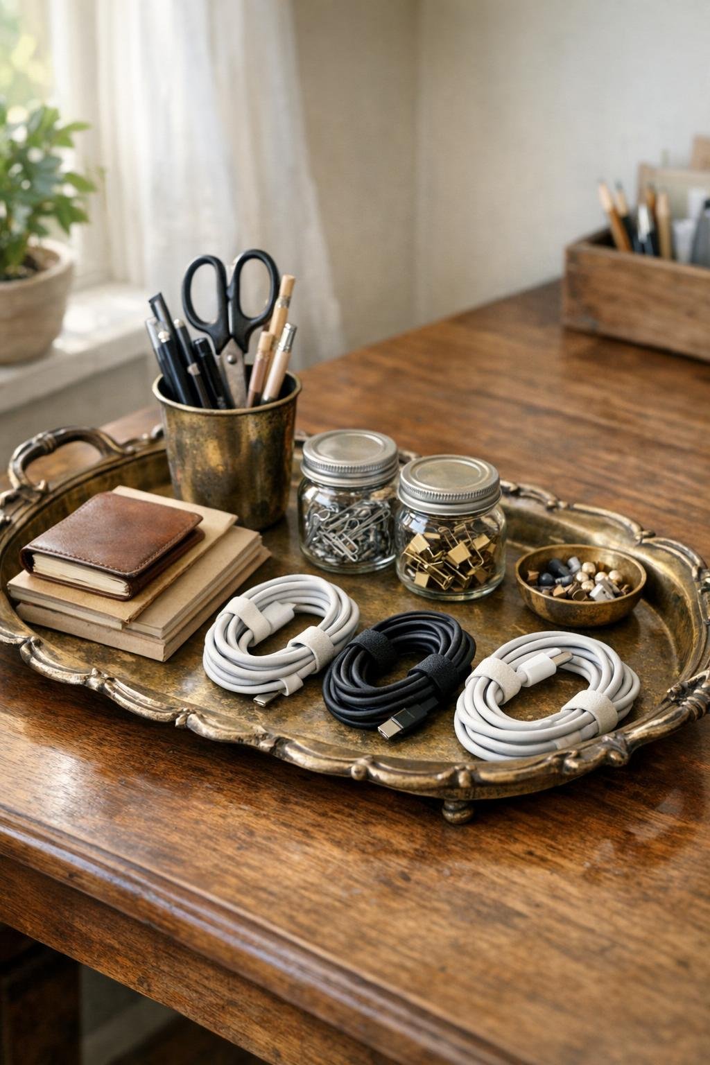 Old serving tray organizing desk supplies
