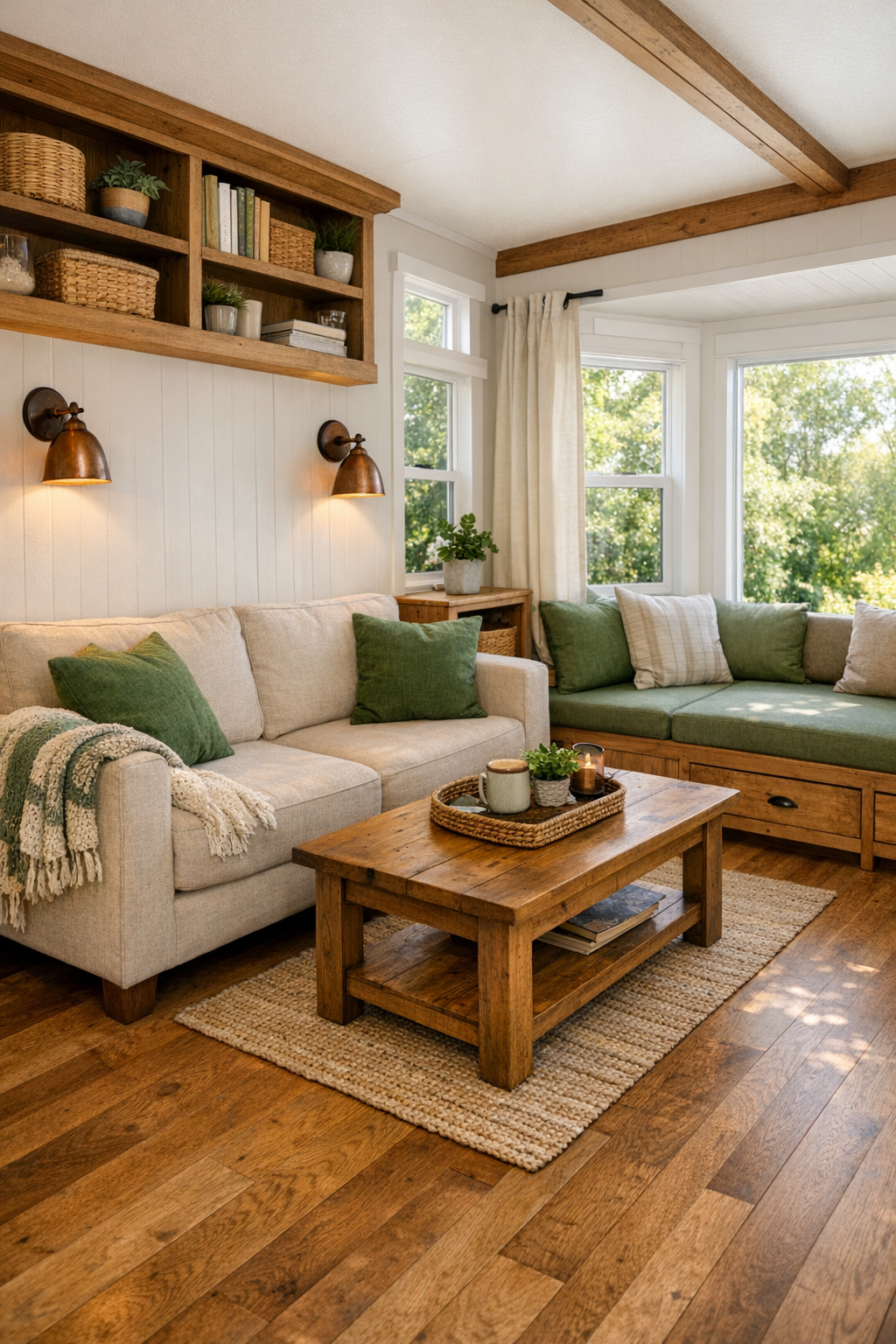 Cozy park model RV living room with oak floors, linen sofa, green accents, and copper-toned lighting