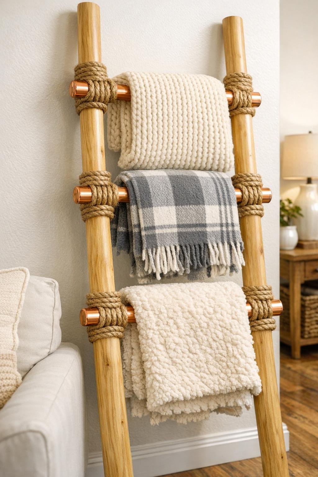 Finished DIY blanket ladder with jute rope, wooden dowels, and copper fittings in a living room