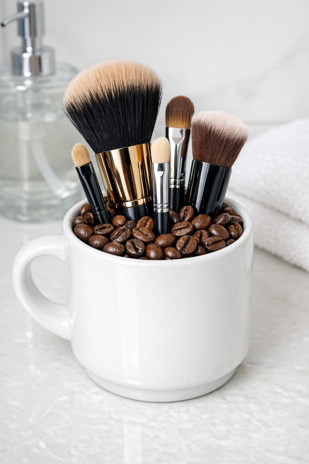 Finished makeup brush holder made from a short white ceramic mug filled with coffee beans