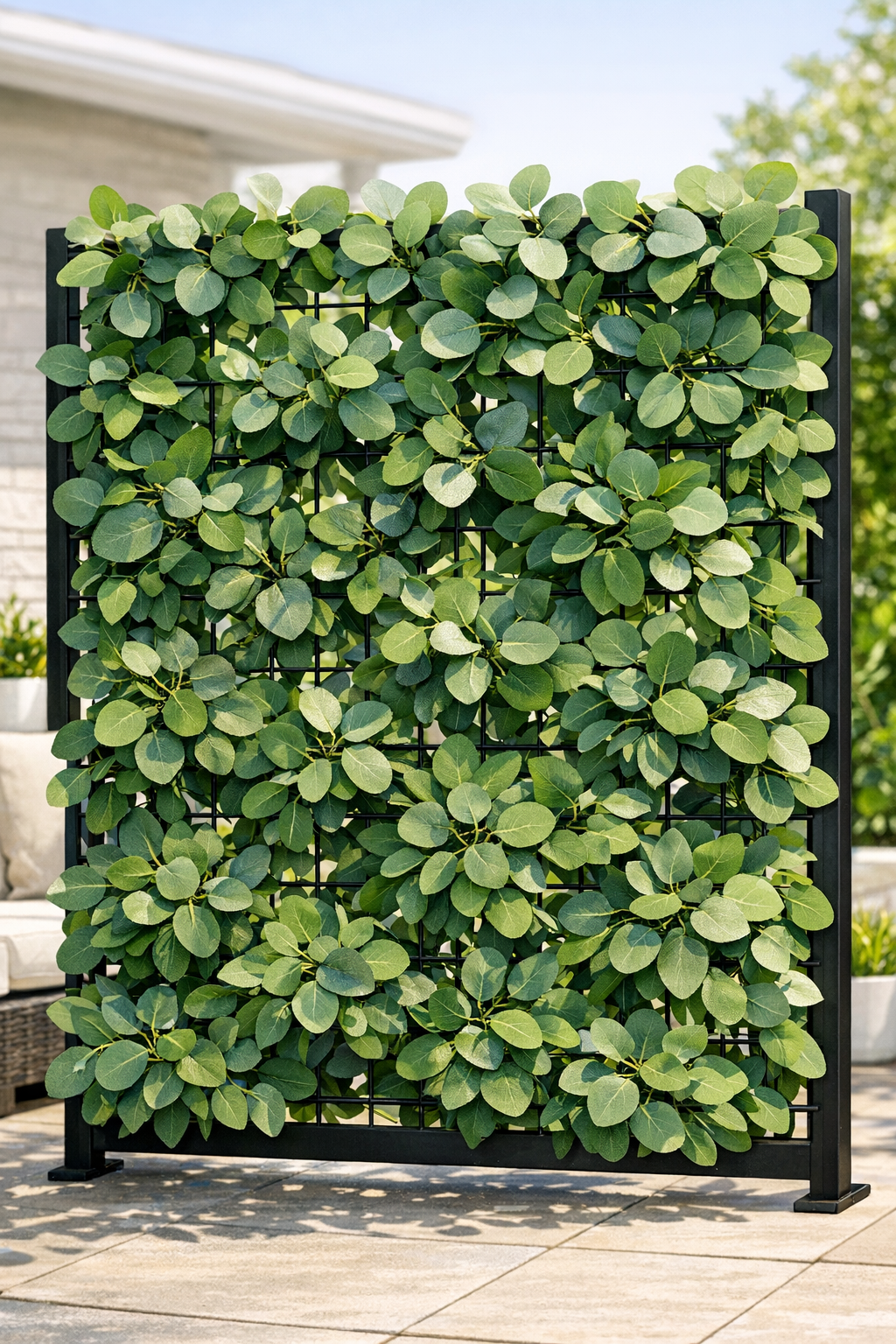 Completed outdoor privacy screen made with faux eucalyptus on a black grid panel