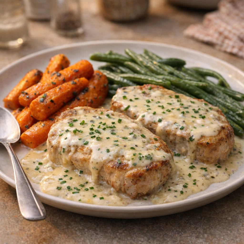 Pork chops served with carrots and green vegetables