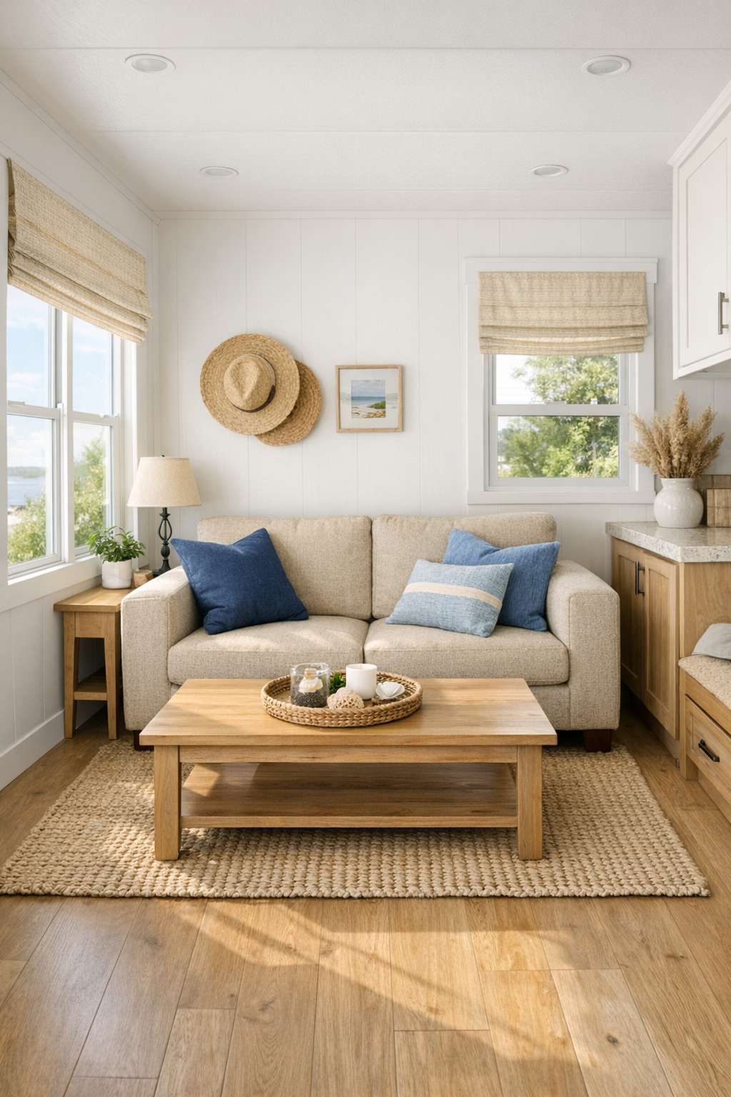 Bright coastal living room in a navy blue park model RV with white walls, light wood floors, and a compact neutral sofa