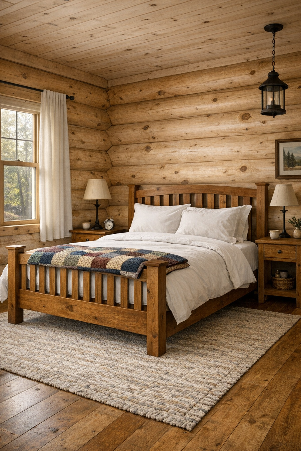 Peaceful bedroom with log walls, handcrafted wood bed, layered quilts, and soft morning light