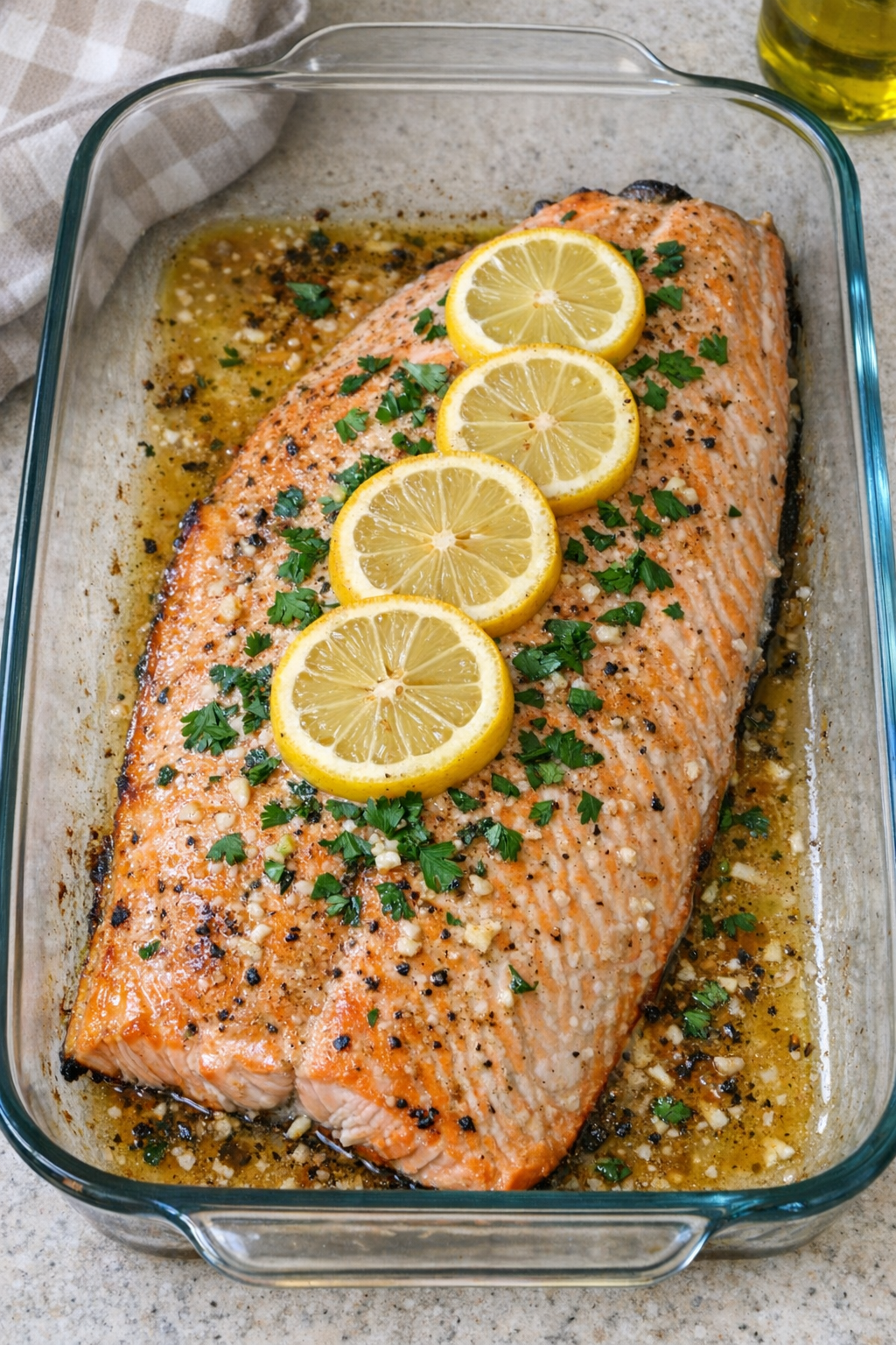 Finished baked salmon side in glass baking dish