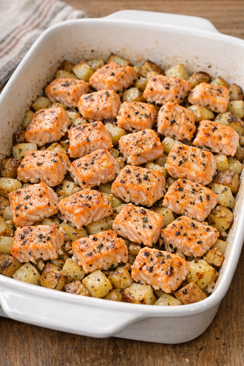 Finished baked salmon nuggets and potatoes in a casserole dish
