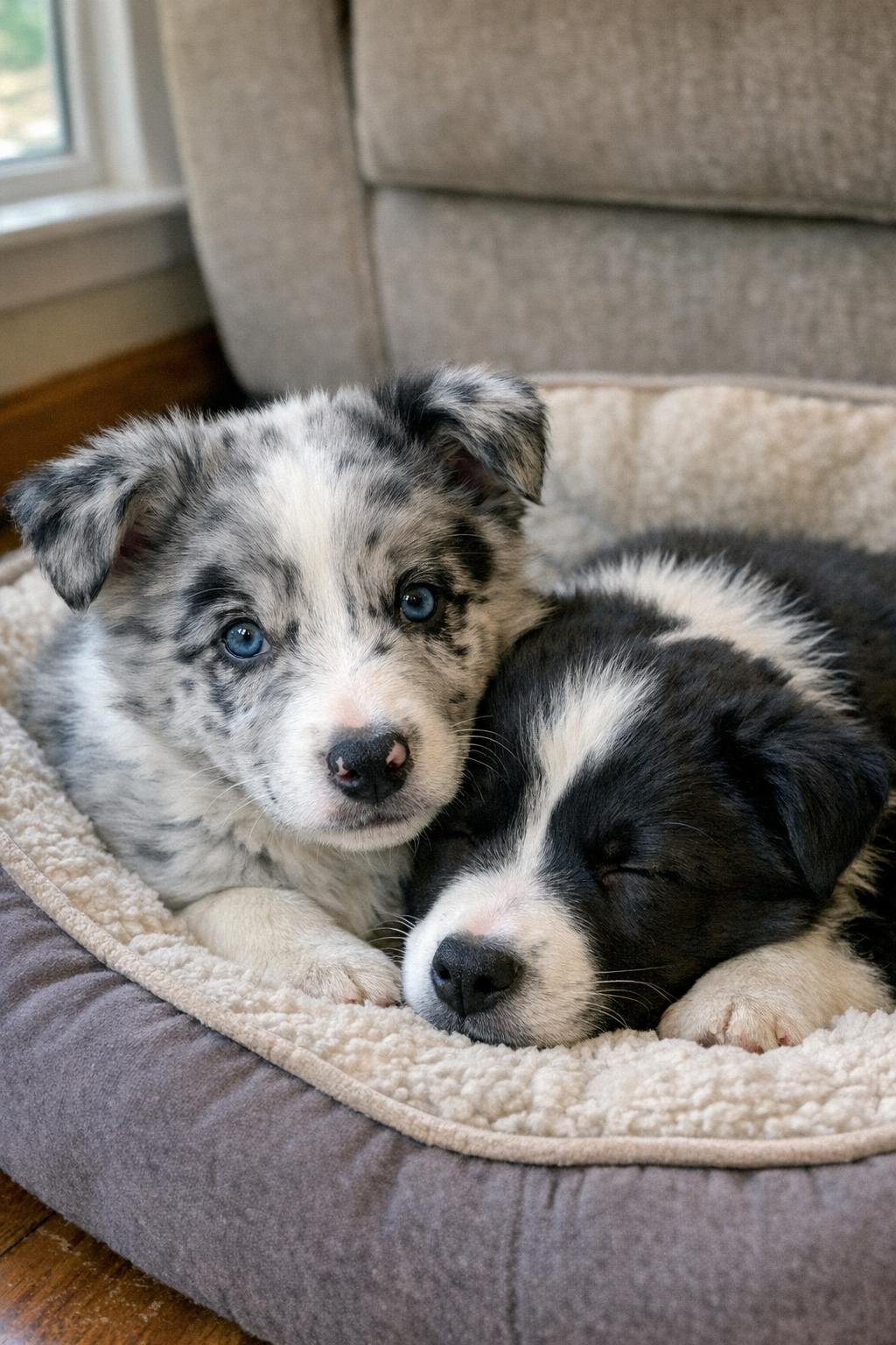 Blue merle Border Collie puppy beside a black and white littermate