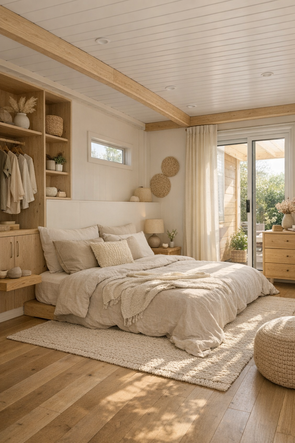 Calm bedroom with layered neutral textiles and light wood details