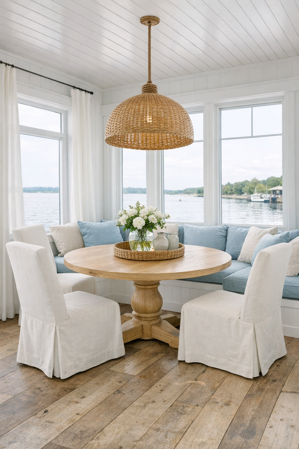 Open cottage-style dining area with round pale oak table, slipcovered chairs, banquette seating, and woven pendant light