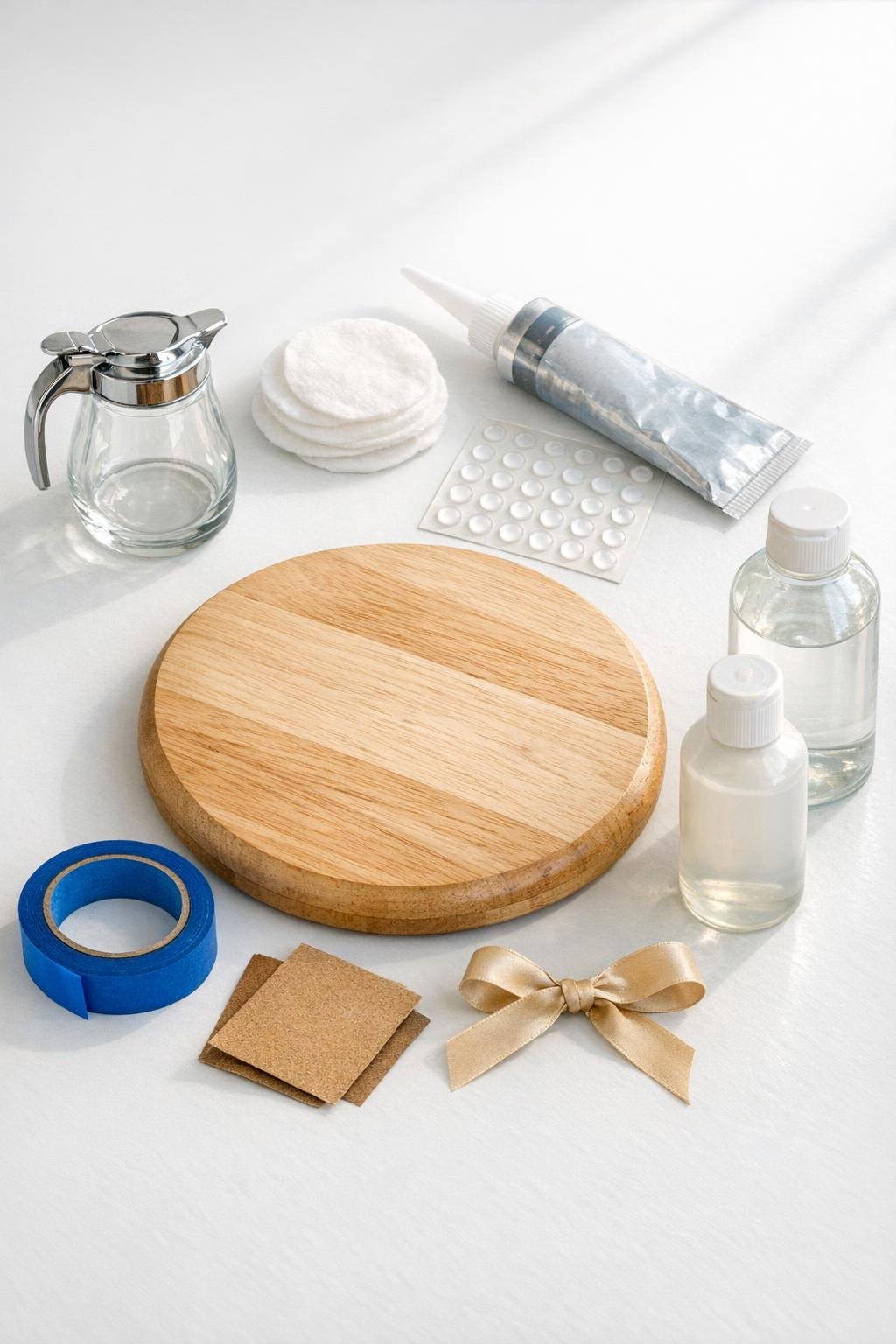 Materials for a lazy susan fabric softener dispenser laid out neatly