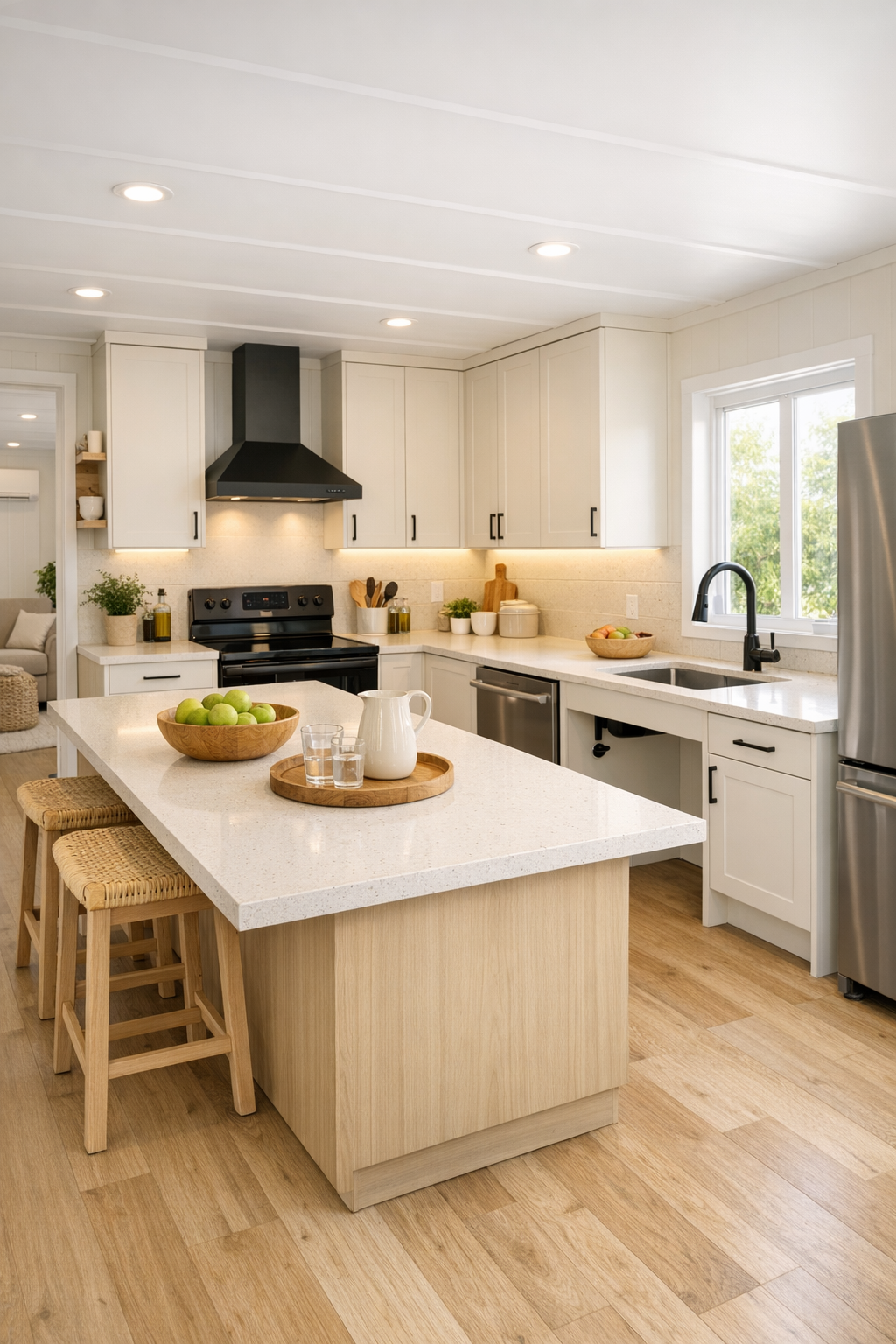 Accessible ivory kitchen with wide aisles, quartz counters, and pale wood accents