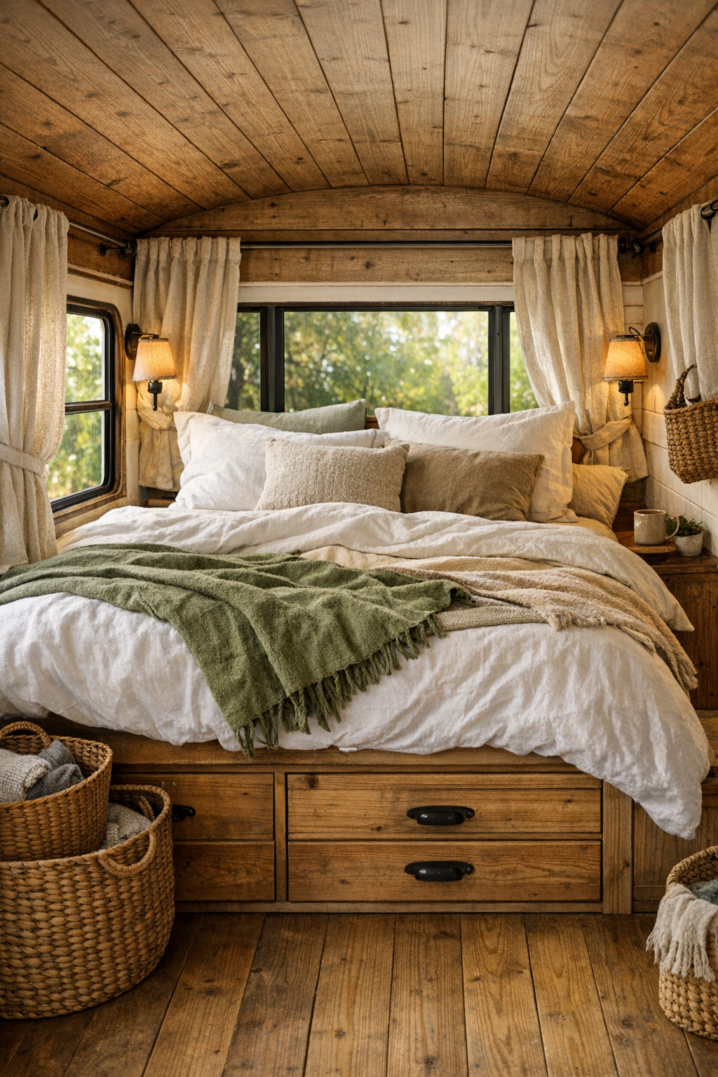 Serene bedroom in a converted bus with platform bed and layered neutral bedding