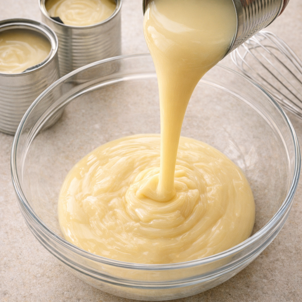 Sweetened condensed milk in a mixing bowl