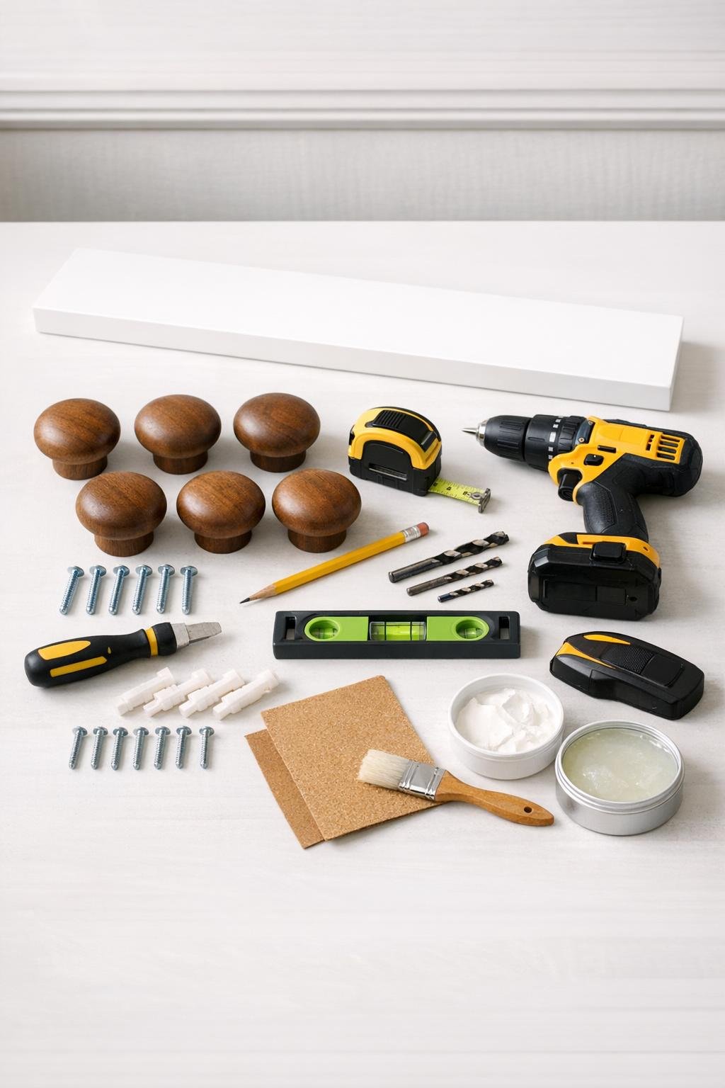 Materials for a floating shelf scarf hook laid out on a worktable
