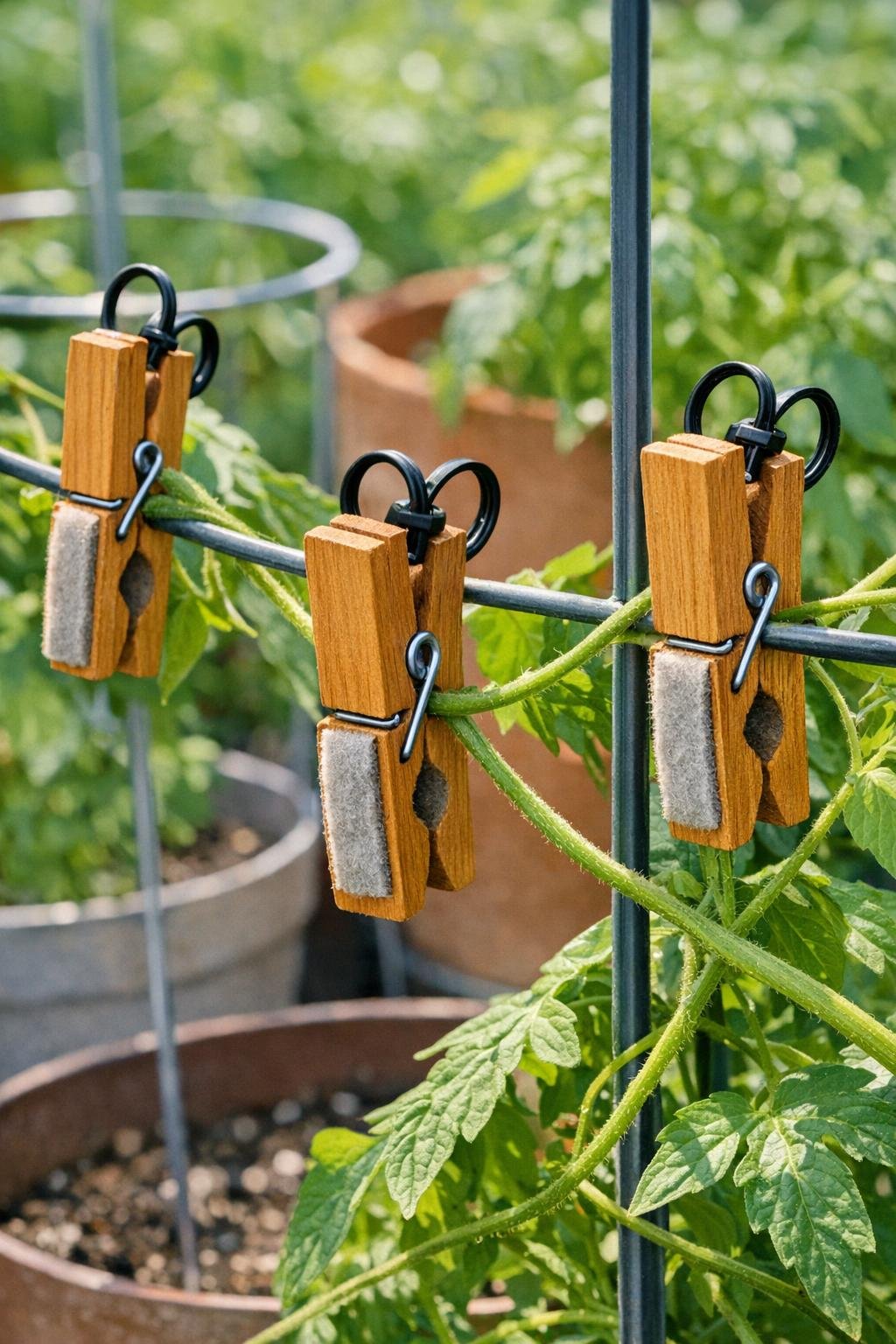 Finished wooden clothespin vine training clips attached to a garden support