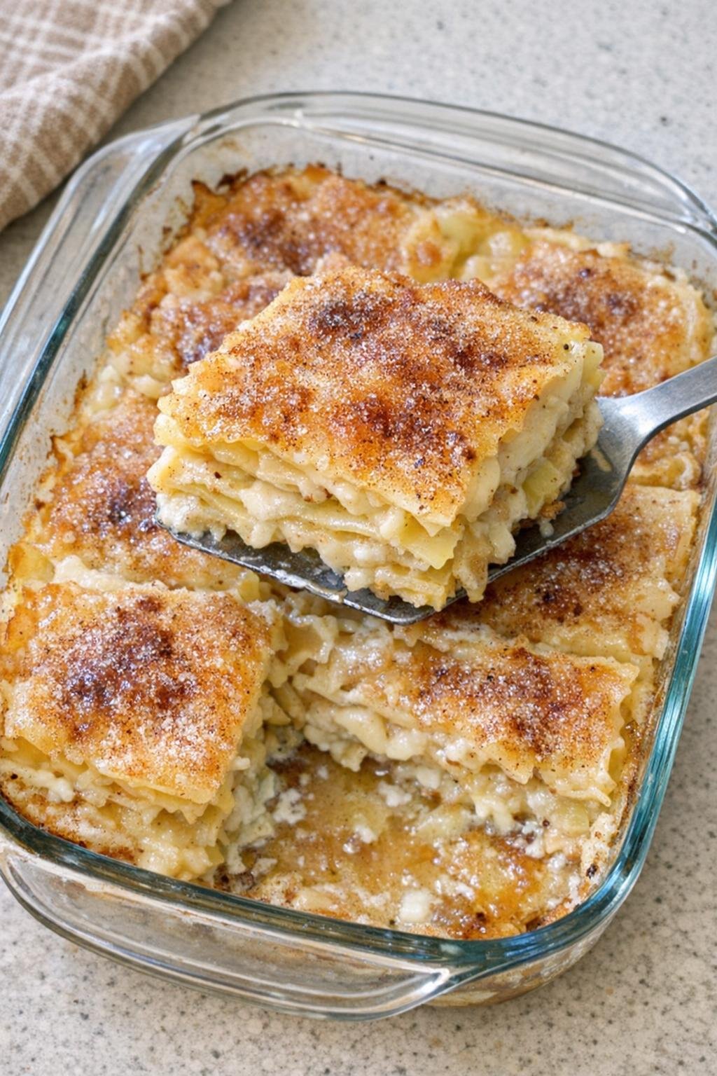 Finished baked dessert lasagna in a glass baking dish