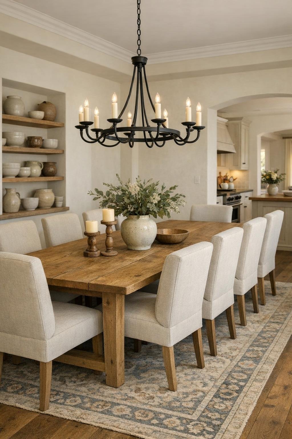 Soft farmhouse dining room with a long wood table, upholstered chairs, and an aged black chandelier