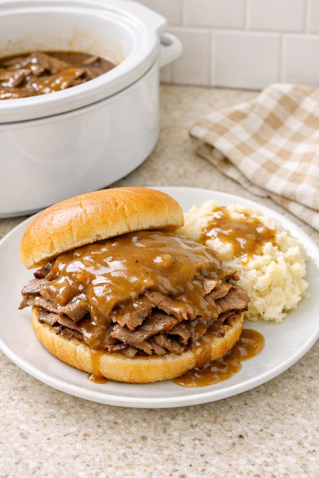 Plated hot beef sandwich with gravy on a bun beside the slow cooker