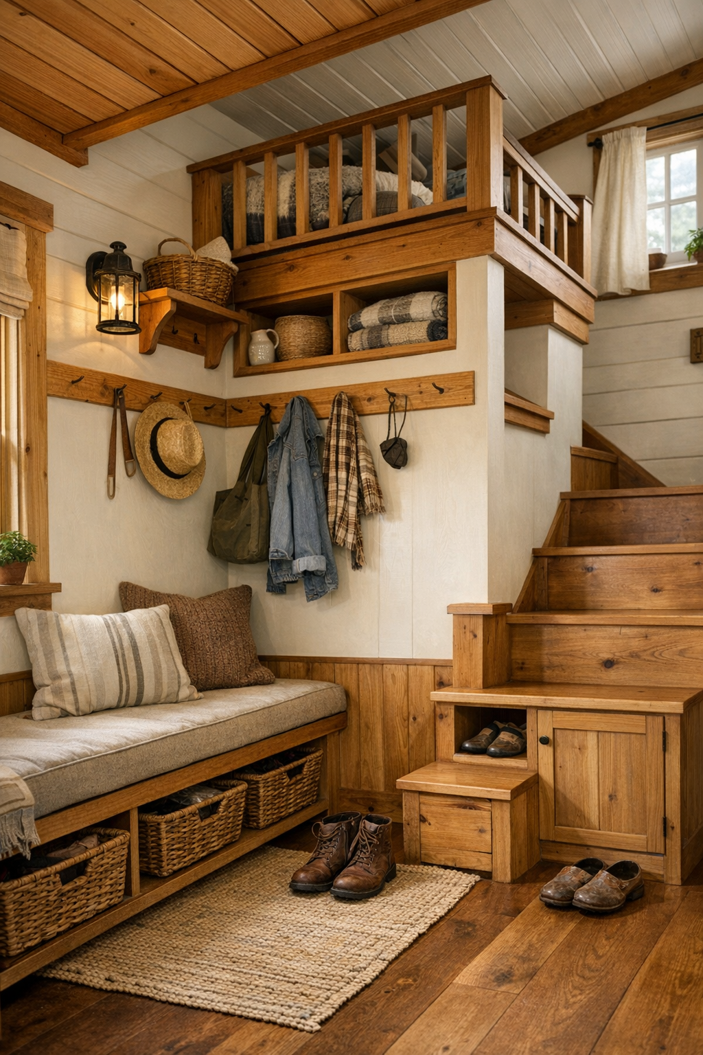 Thoughtful small-space details with built-in bench, storage, and warm wood trim