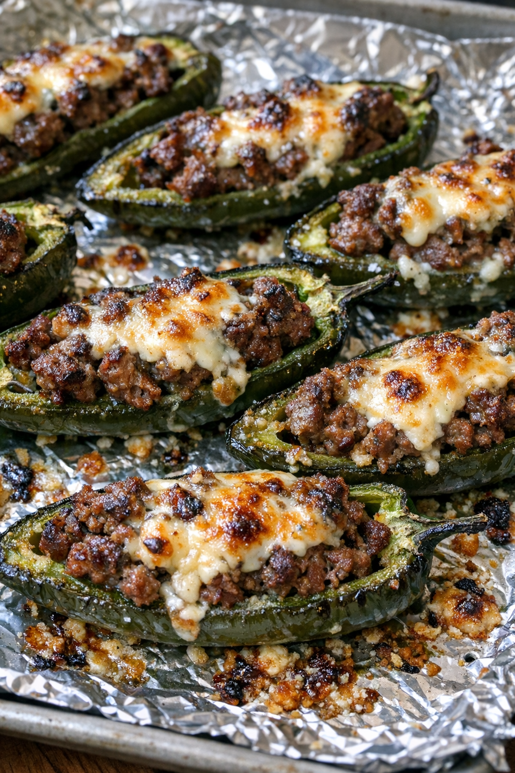 Finished beef stuffed jalapenos baked until hot and blistered