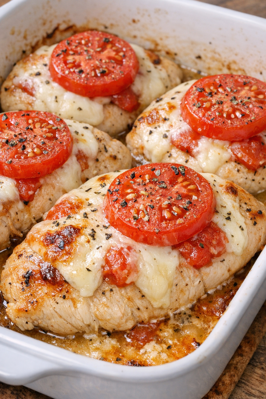 Low carb 3-ingredient caprese chicken bake in a ceramic casserole dish
