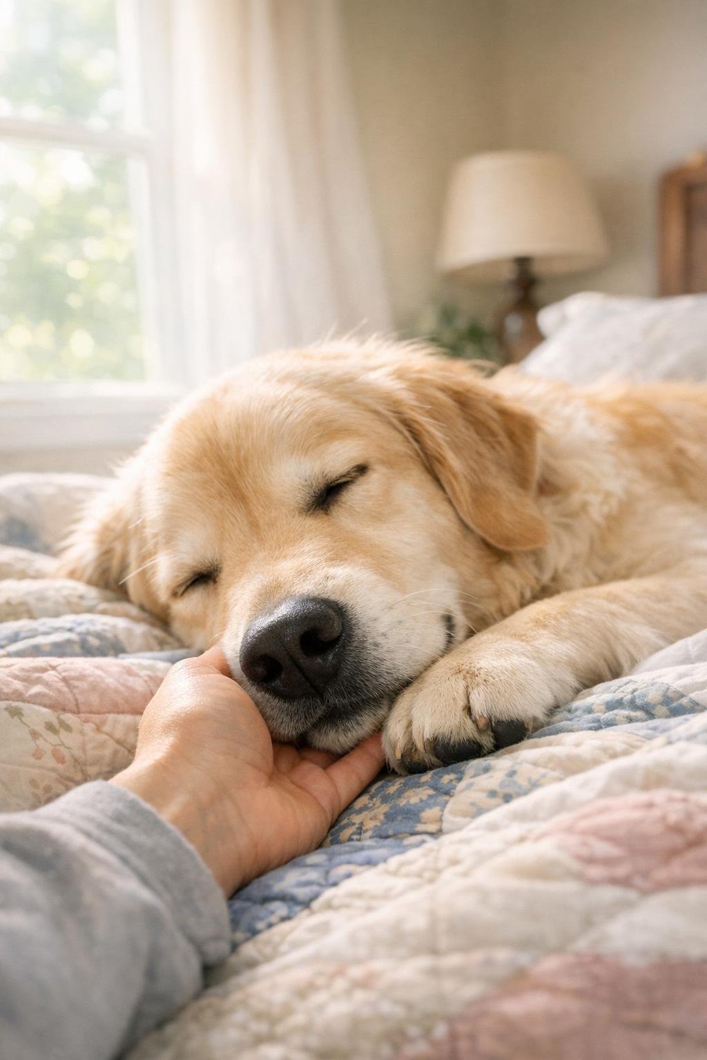 Dog sleeping with its nose tucked against its owner's hand