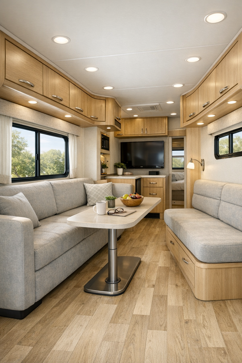 Bright accessible RV living room with pale wood flooring and light gray built-in seating