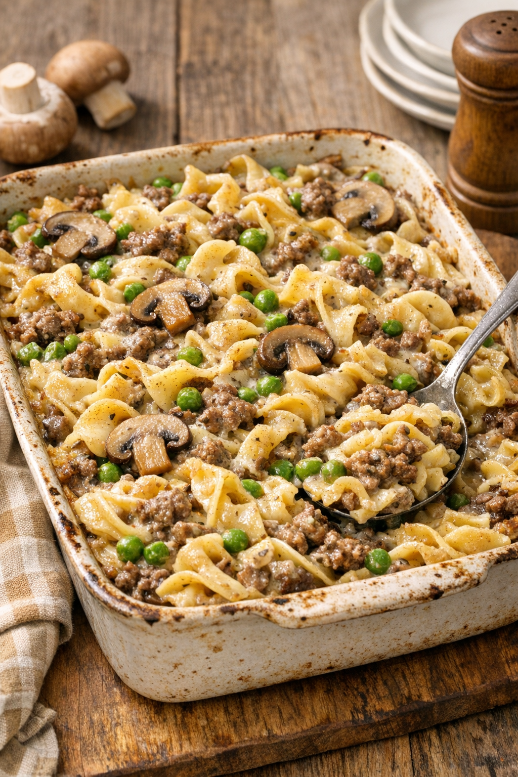 Beef and noodle bake variation with peas and mushrooms